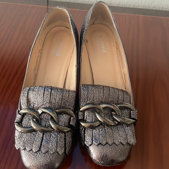 Loafers with a 1” heel and decorative chain across the toe. Worn once. - Picture 2 of 3